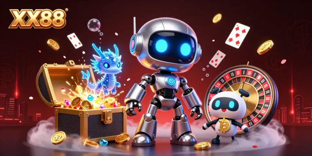 Win big with XX88 at this vibrant casino scene featuring a robot and gambling elements.