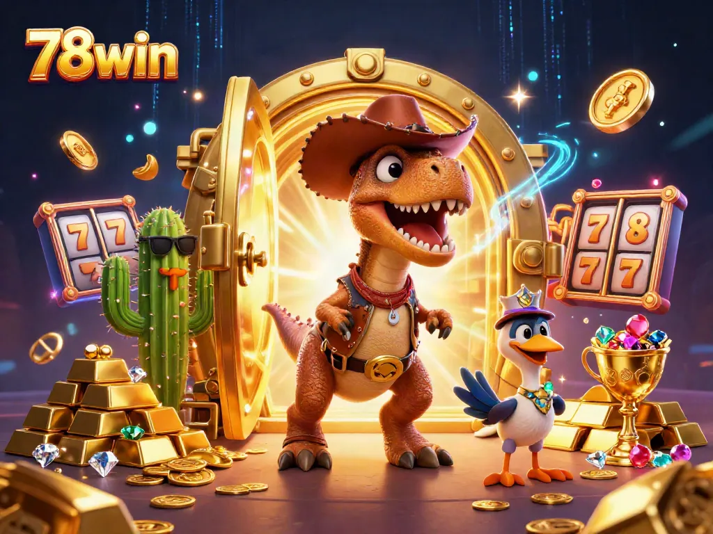 Experience thrill with 78win in a vibrant casino scene featuring a T-Rex, cactus, and roadrunner.