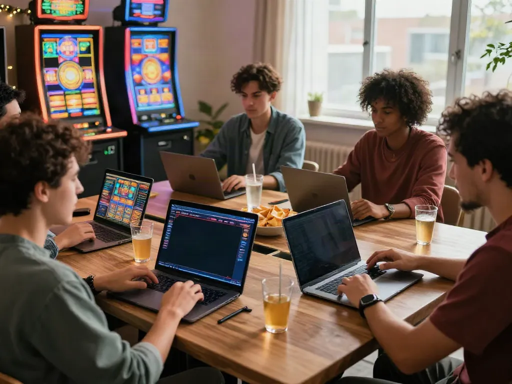 Friends gaming at online casinos not on gamstop in a vibrant setting.