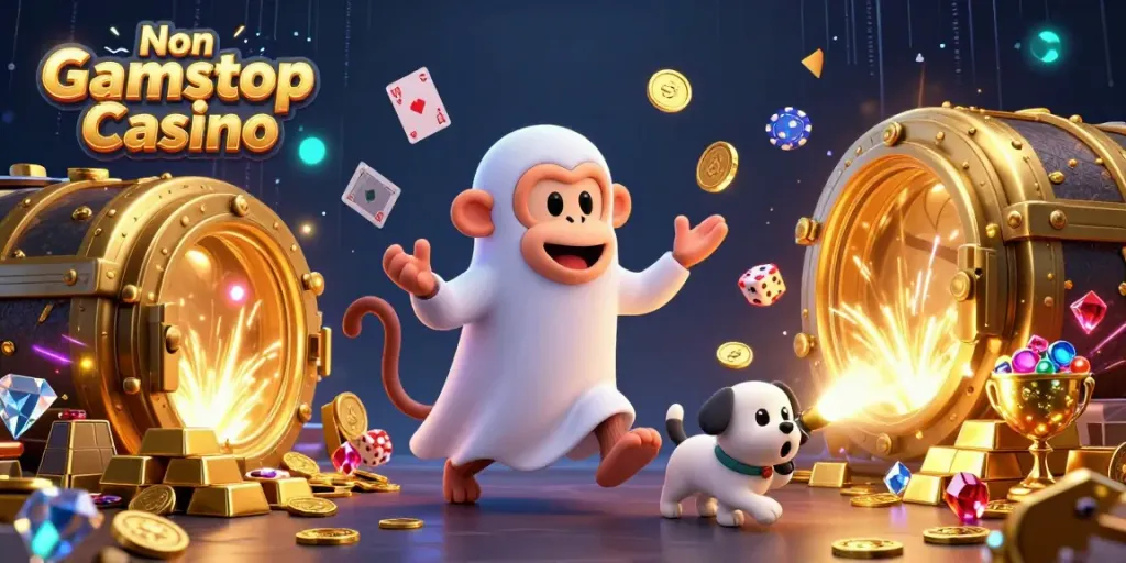 Engaging scene of a mischievous poltergeist monkey and a ghost-hunter puppy in a dynamic Non Gamstop Casino environment, juggling coins and treasures.