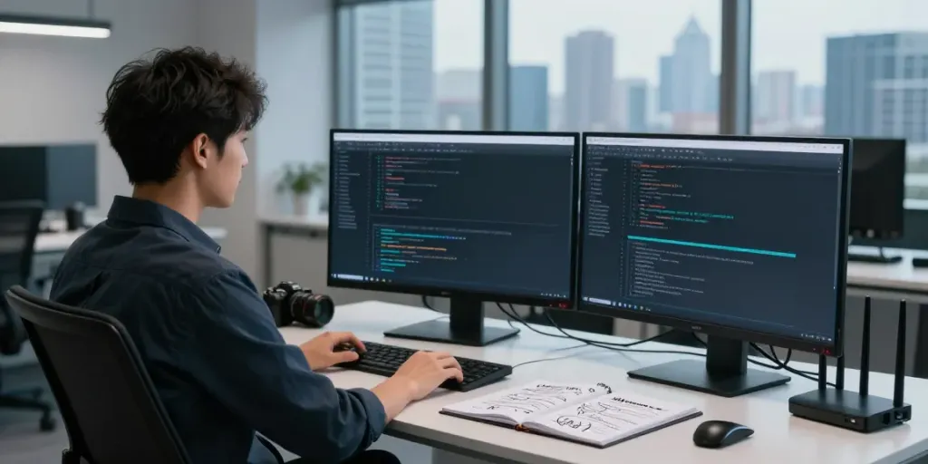 Developer using instant indexing tools in a modern tech workspace.