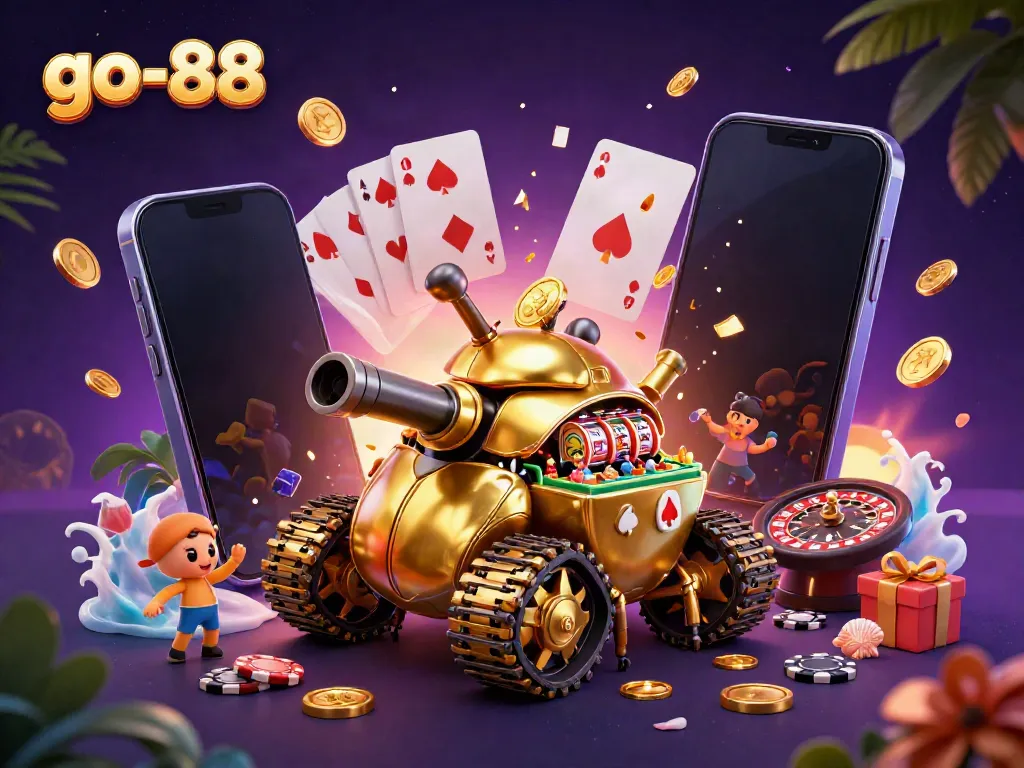 Participate in thrilling gameplay with go-88 as golden coins and slot game excitement fill the scene.