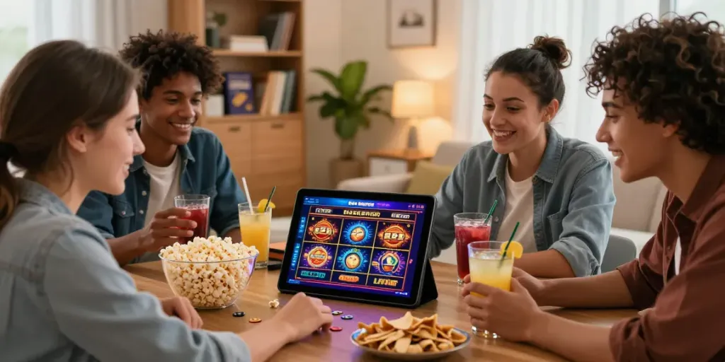 Group of friends exploring new casinos not on GamStop on tablet in vibrant living room.