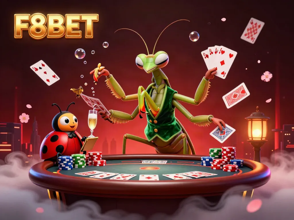 Engage in F8BET’s lively casino scene featuring a card sharp mantis and pit boss in action.