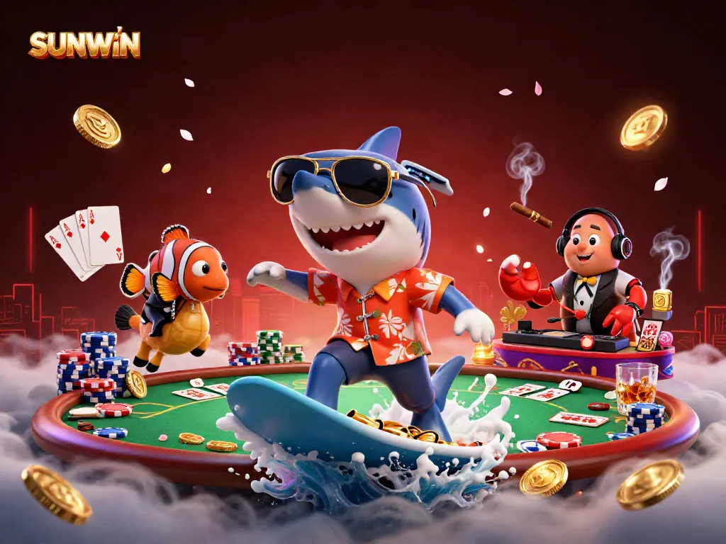 SUNWIN jackpot scene with a shark, clownfish, and crab celebrating amidst poker chips and gold coins.