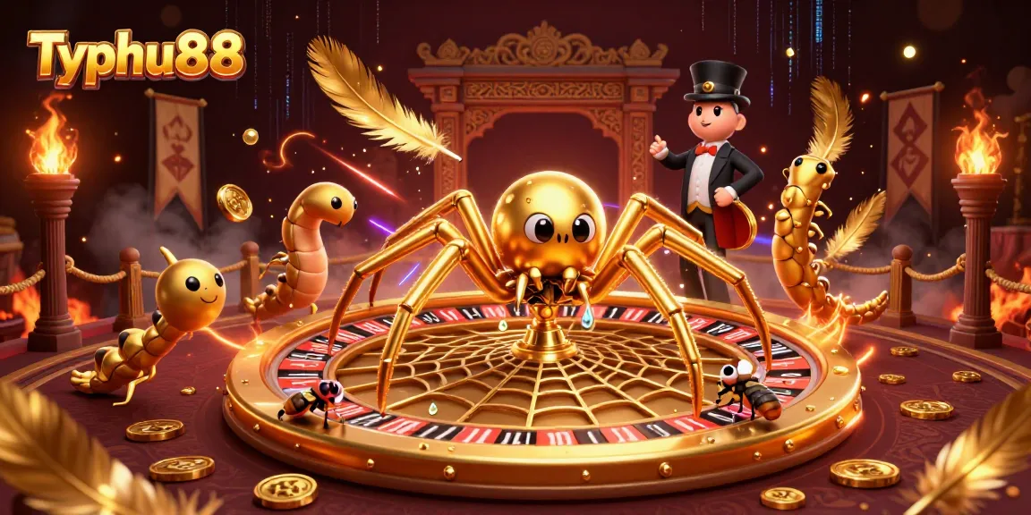 Typhu88 casino scene featuring a golden spider and centipede croupier at a roulette wheel amidst vibrant gambling elements.