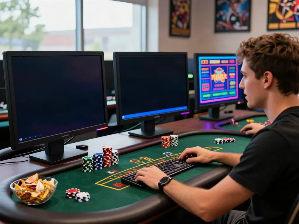 Engaging player at a modern desk enjoying games from new casinos not on GamStop, with colorful lights and multiple screens.