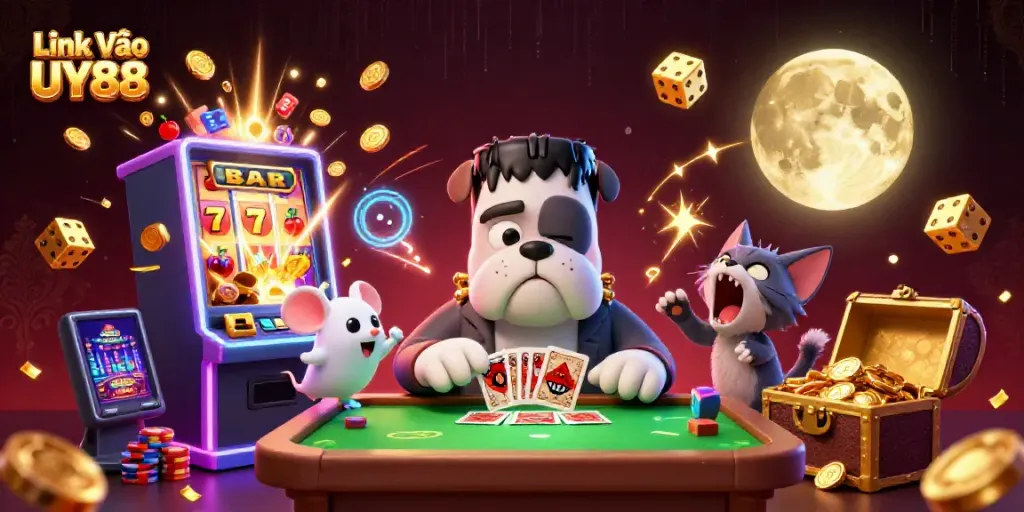 Engage with Link Vào UY88 as a cartoon monster deals cards amidst a jackpot burst of casino prizes.