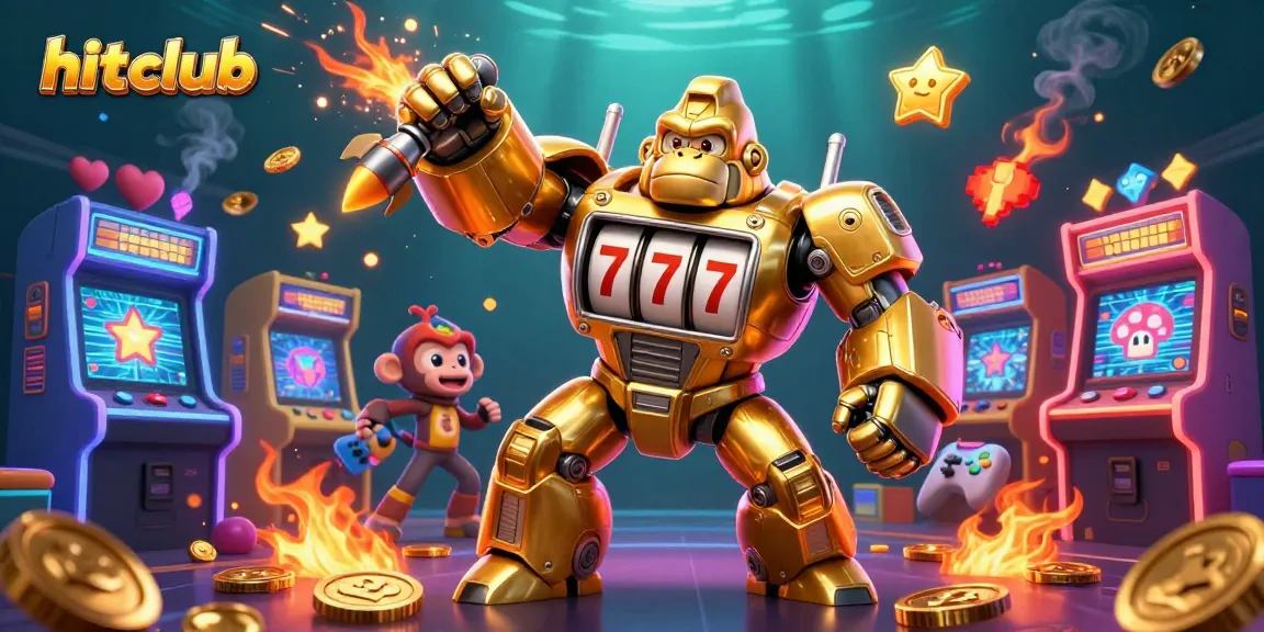 Engage with hitclub's vibrant gaming scene featuring a golden mech and dynamic game elements.