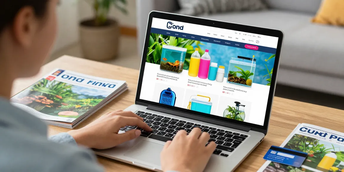 Pond specialist e-commerce shopping scene featuring pond care products.