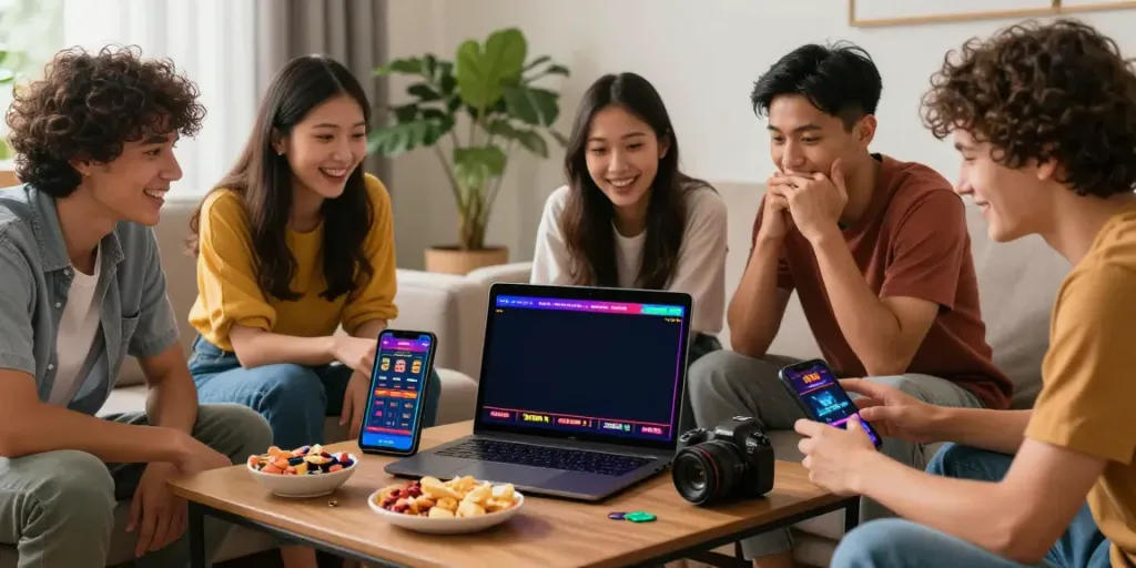 Friends exploring new casinos not on gamstop in a cozy living room setting, enjoying online gaming together.