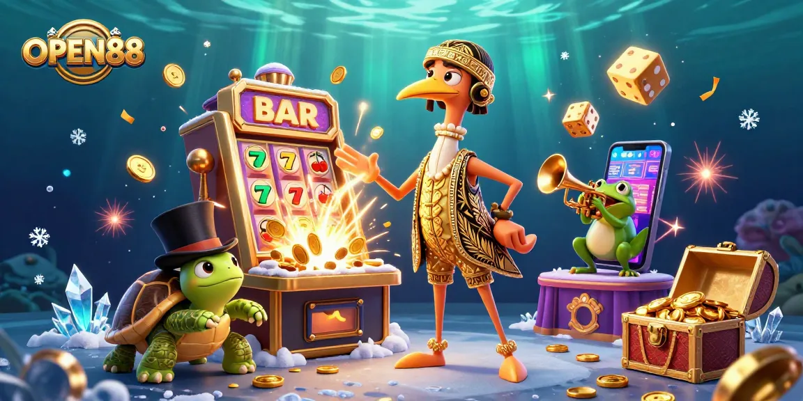 Experience the excitement of OPEN88 with dynamic slot machines and charming characters in a vibrant casino scene.