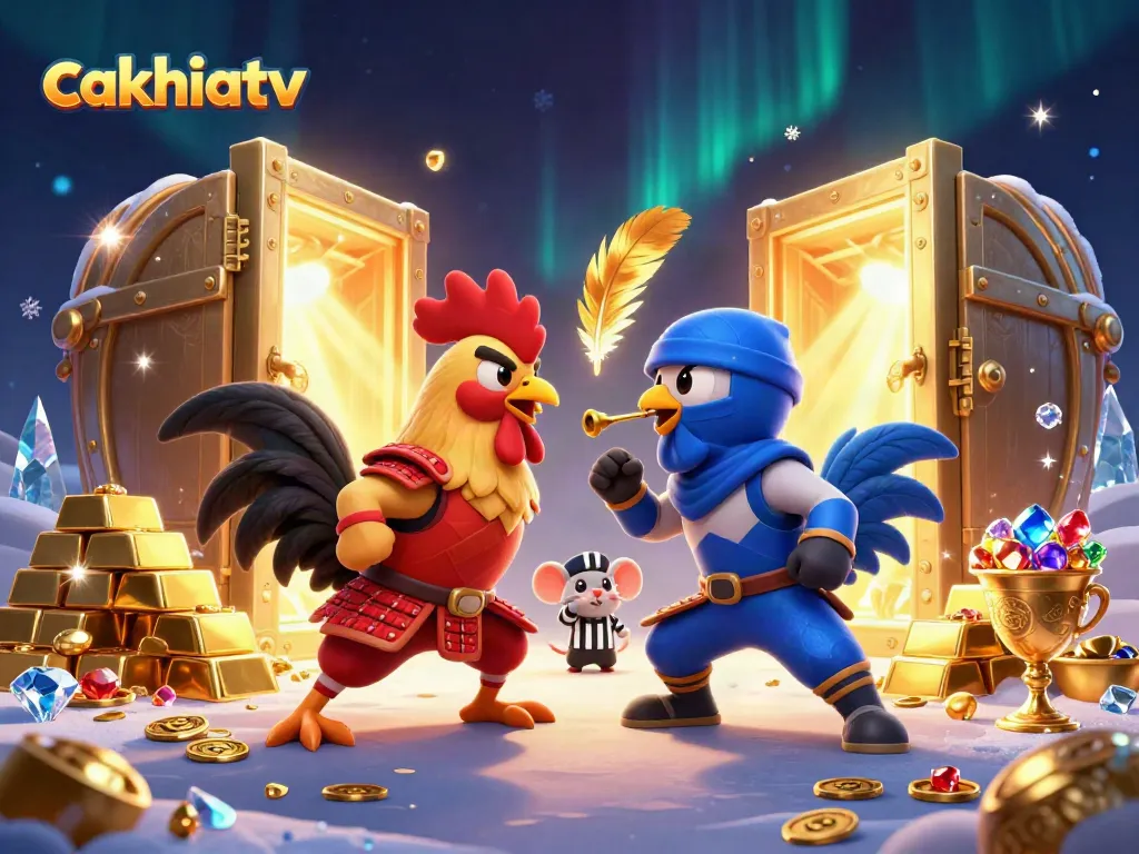 Cakhiatv showcases an intense duel between cartoon roosters in a castle of treasures.