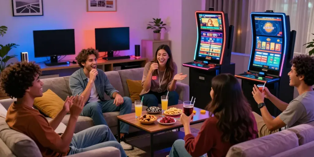 Friends enjoying gaming at new casinos not on gamstop in cozy living room.