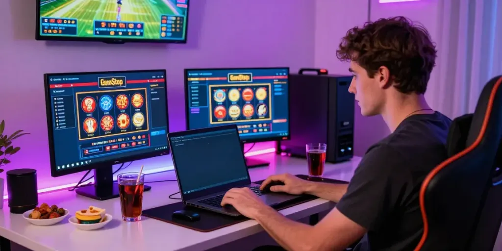 Engaging online gaming scene showcasing new casinos not on GamStop with a gamer at a stylish desk.
