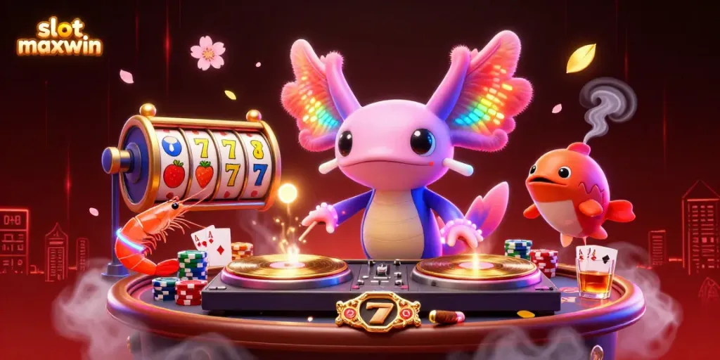 Experience slot maxwin in a vibrant, cartoon-themed scene featuring lively axolotl DJ and dynamic gaming elements.
