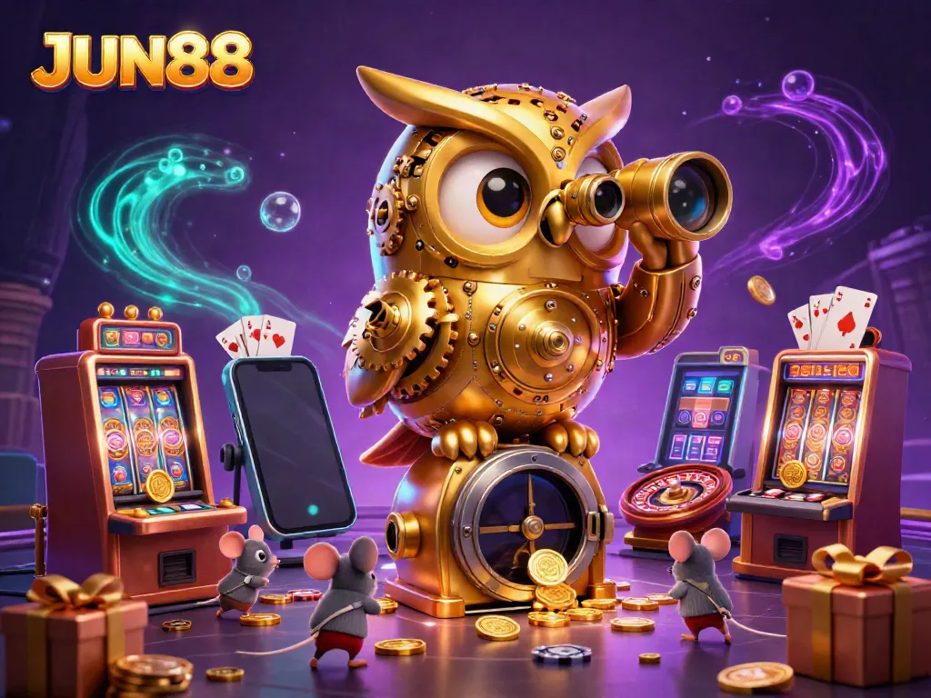 Experience the excitement of JUN88 with a vibrant 3D scene showcasing thrilling casino action and charming characters.