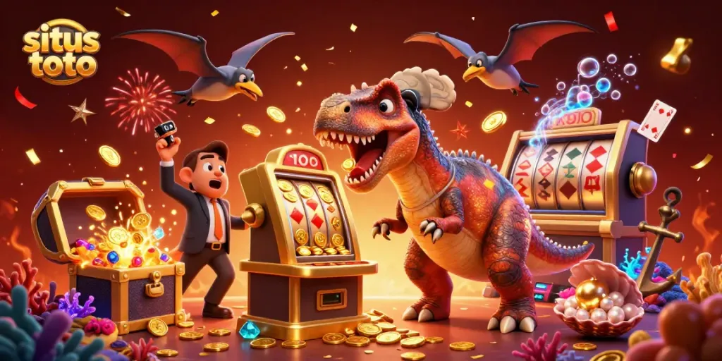 Situs toto showcases a cartoon dinosaur winning coins from a slot machine, depicting dynamic casino action.