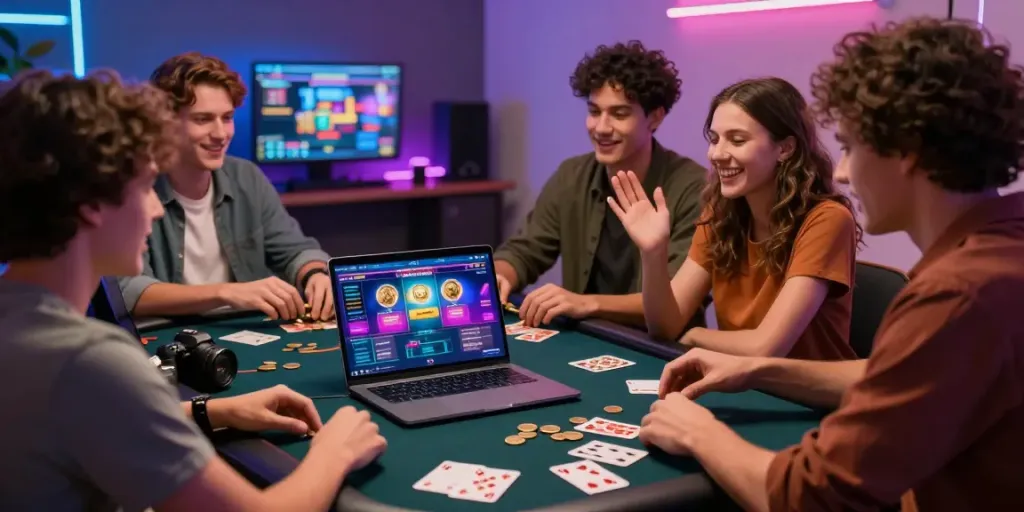 Exciting gameplay at new casinos not on gamstop with friends around a laptop.