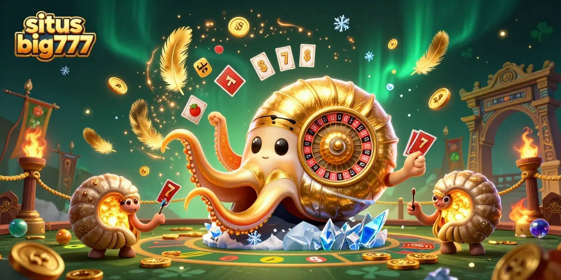 Engage with situs big777 as the giant nautilus spins and deals cards in this vibrant slots scene.