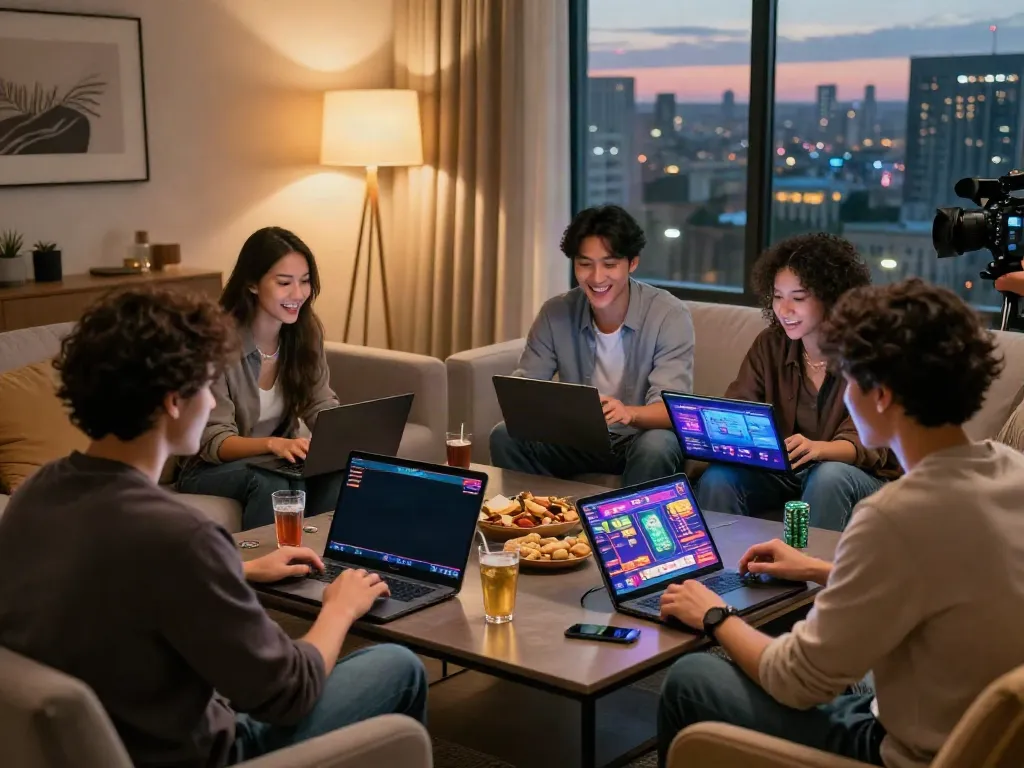Friends enjoying gaming together at new casinos not on GamStop in a cozy living room.