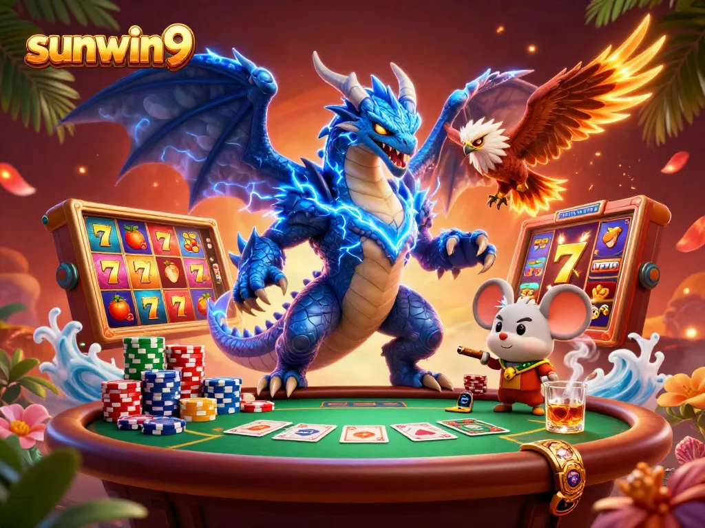 Experience the excitement of sunwin9 with 3D characters and vibrant slot elements in a casino-themed scene.