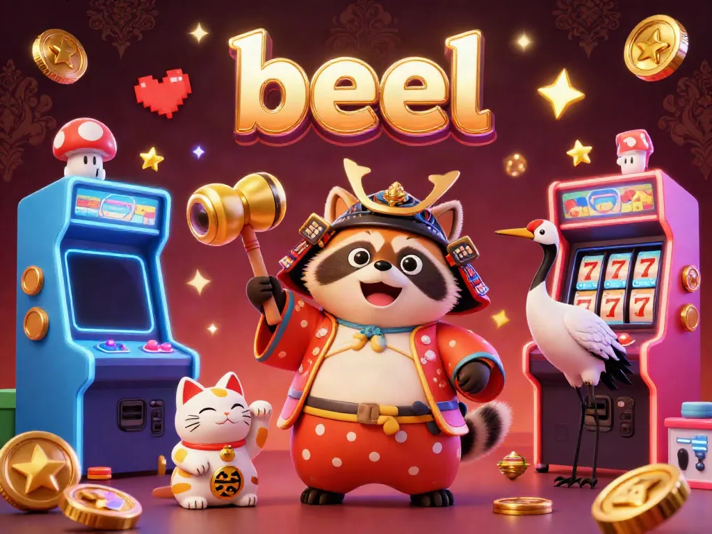 Experience the excitement of gambling with beel, featuring a tanuki holding a lucky mallet amidst vibrant game elements.