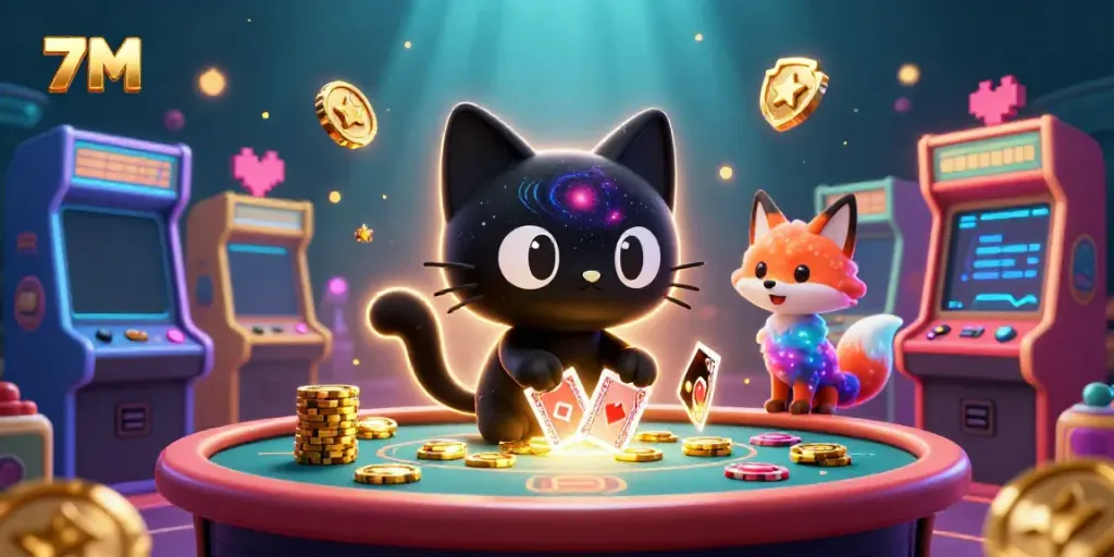 Experience the thrill of 7M casino with a black hole cat and colorful fox at the gaming table.