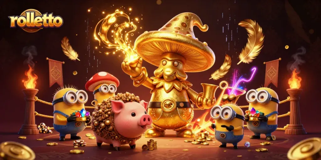 Bet and win big at rolletto with magical characters and treasure-filled casino scene.
