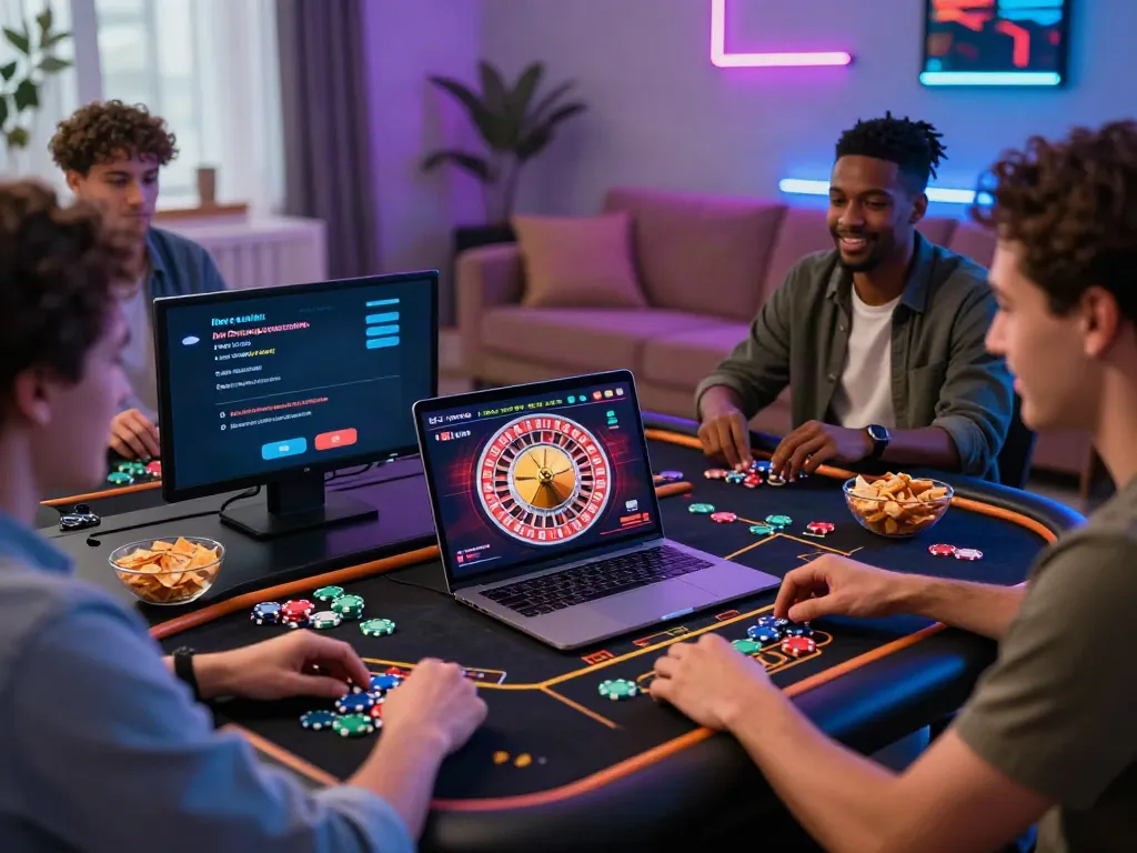 Group of friends enjoying games on a laptop, highlighting new casinos not on Gamstop with colorful chips and virtual roulette.