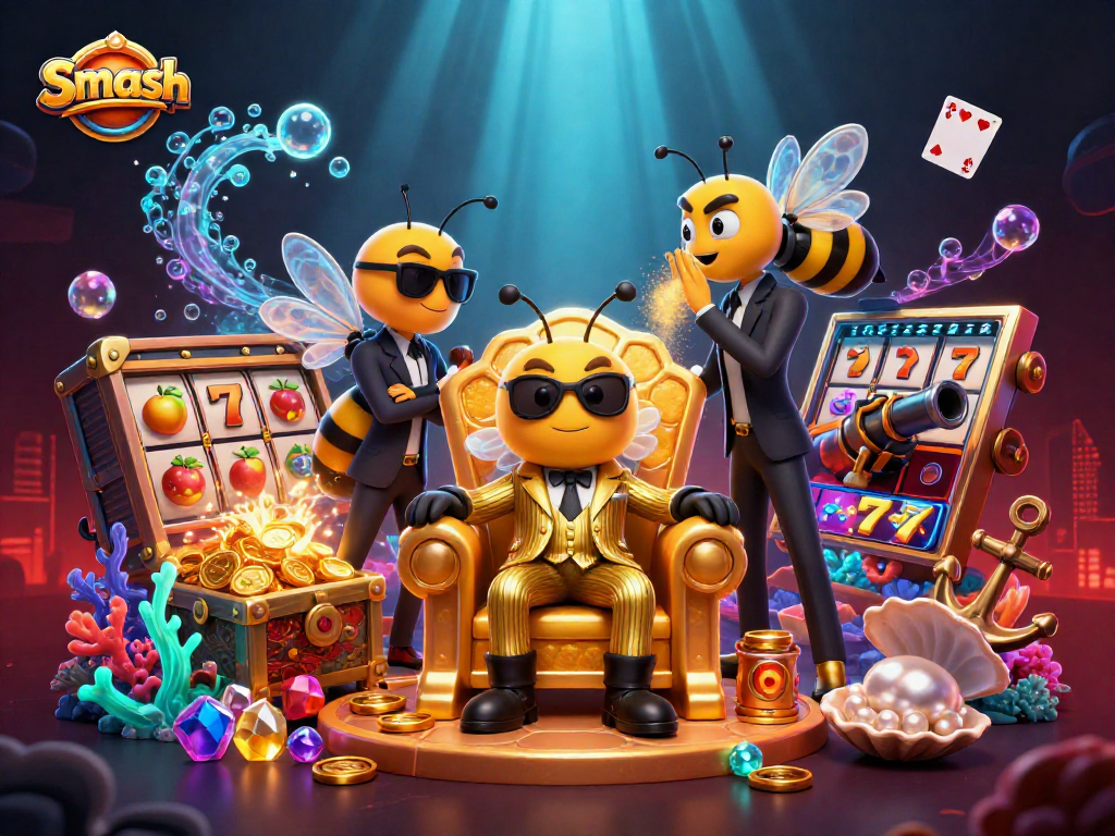 Smash Casino's bumblebee mob boss leads a vibrant gaming adventure with rich rewards and colorful characters.