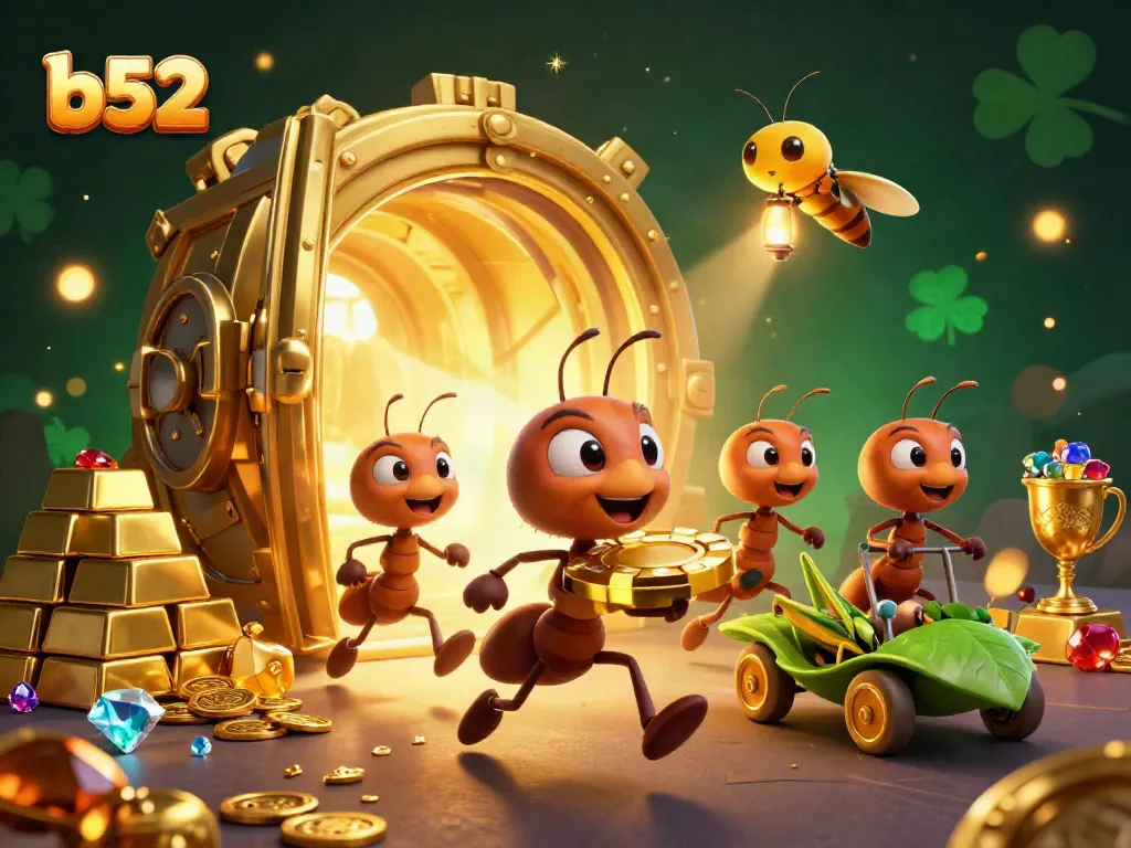 Join the thrilling b52 online casino adventure as cartoon ants heist a giant poker chip amidst a treasure vault.