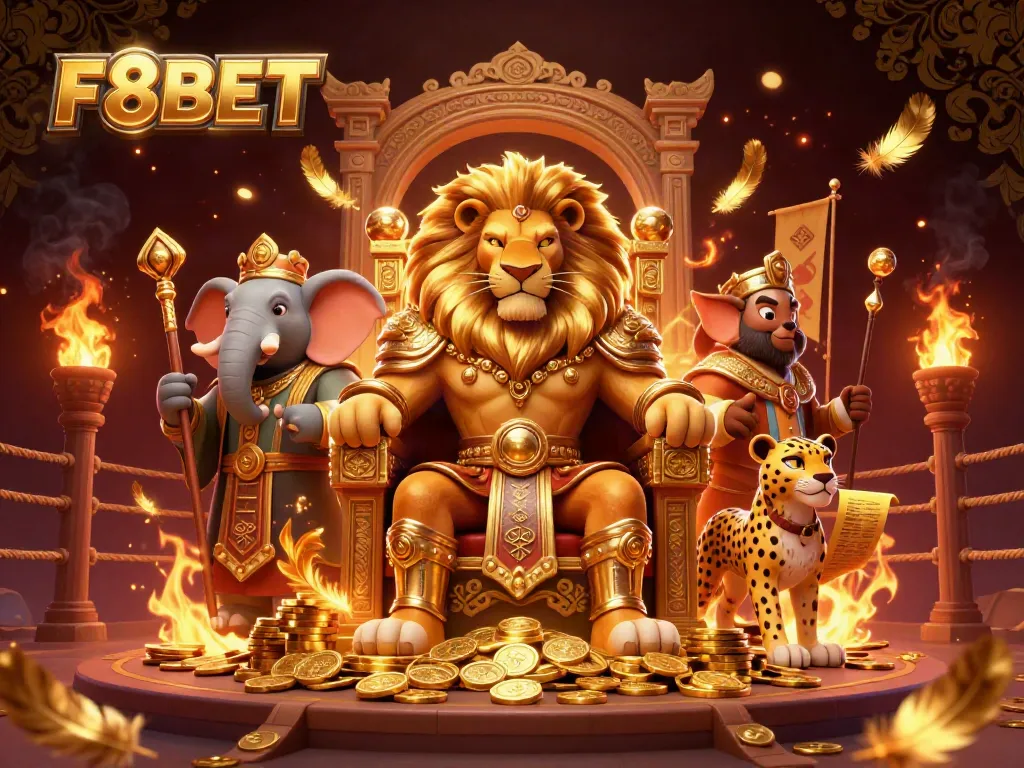 Experience the thrill of F8BET Casino with a powerful lion king presiding over a dynamic gambling scene.