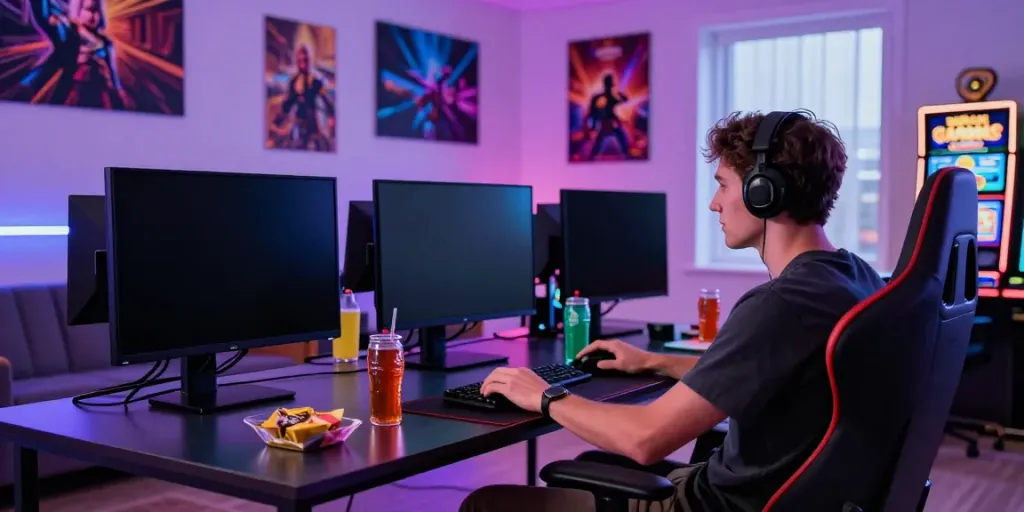 Young gamer enjoying gameplay at new casinos not on gamstop in a vibrant living room.