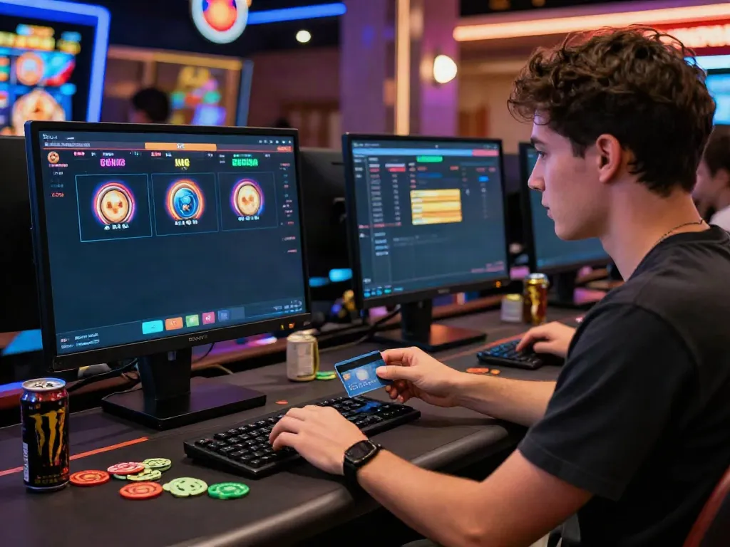 Player engaging with credit card casinos at a vibrant online gaming desk.