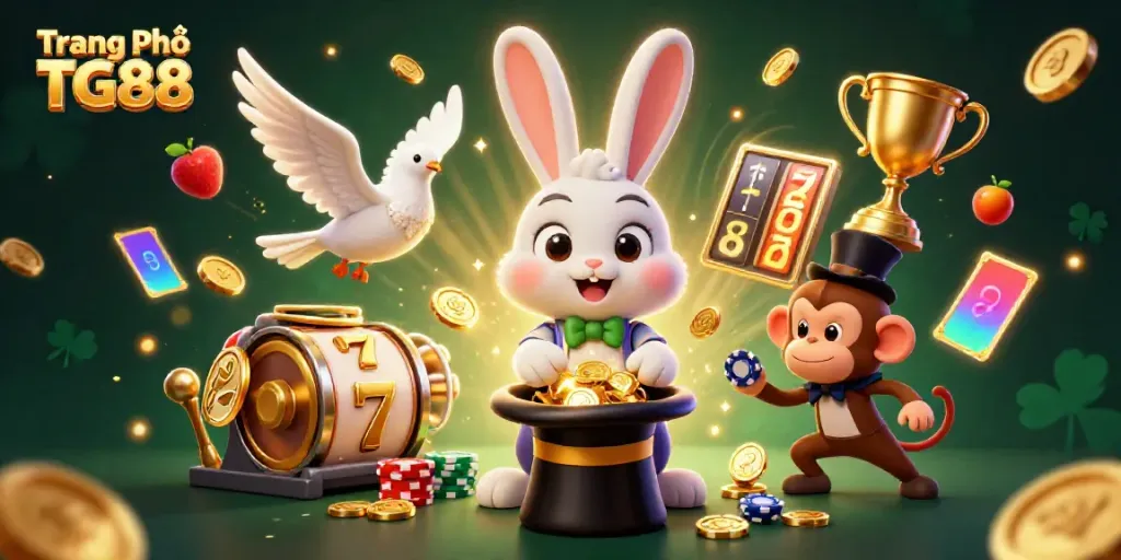 Engage with the thrilling world of Trang Chủ TG88 featuring a magician rabbit and friends surrounded by glittering casino elements.