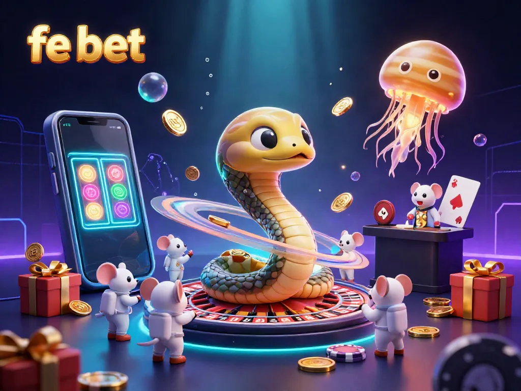 Experience exhilarating betting action with fe bet as astronaut mice wager around a cosmic roulette wheel in this vibrant 3D illustration.