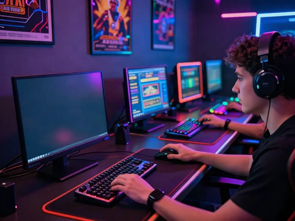Player enjoying new casinos not on gamstop in a vibrant gaming setup with neon lights.