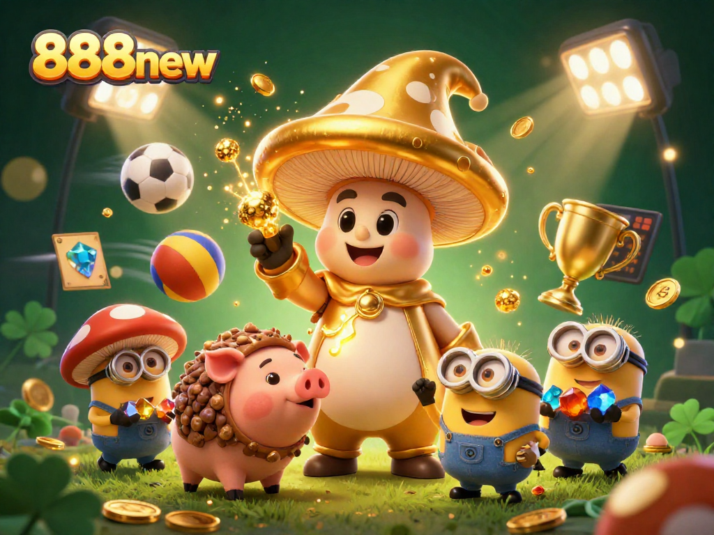 Experience thrilling moments at 888new with a magical golden mushroom wizard and sports elements in dynamic action.