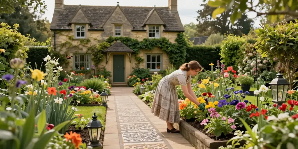 Victorian tiled paths surrounded by vibrant flowers and a charming cottage.