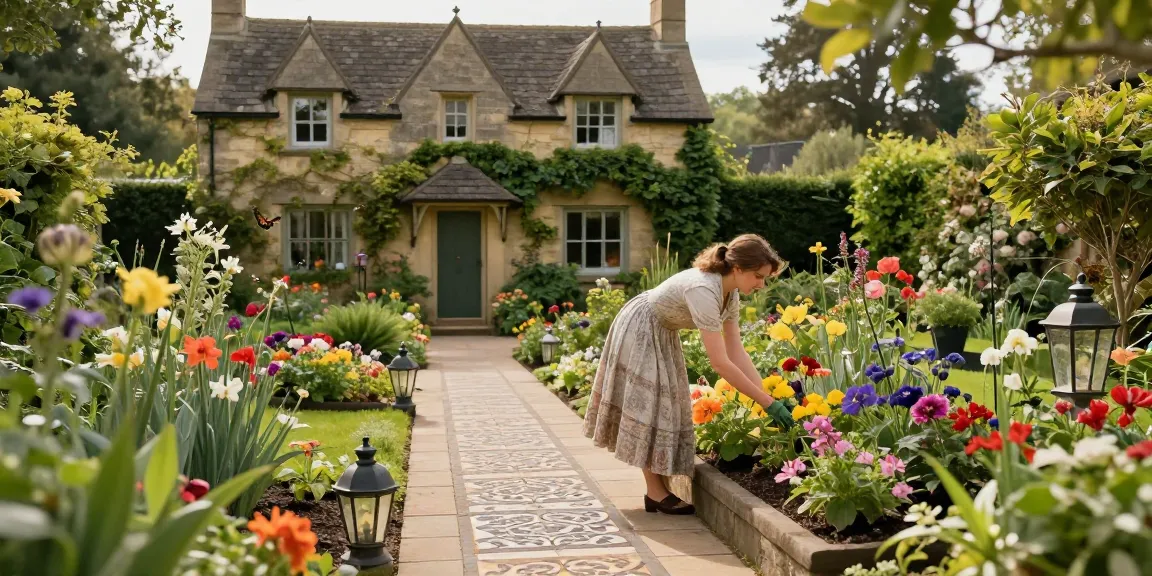 Victorian tiled paths surrounded by vibrant flowers and a charming cottage.