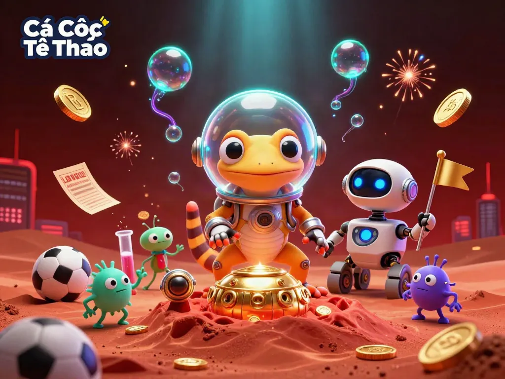 Cá Cược Thể Thao brings to life a Martian gecko exploring a golden casino amid sports betting elements in a vibrant 3D scene.