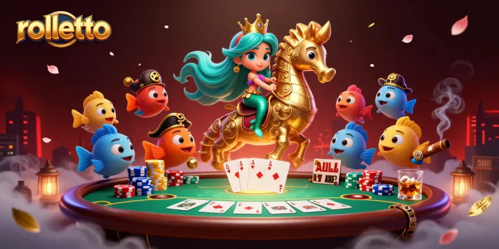 Experience rolletto's thrilling atmosphere with vibrant mermaid and poker elements in a captivating scene.