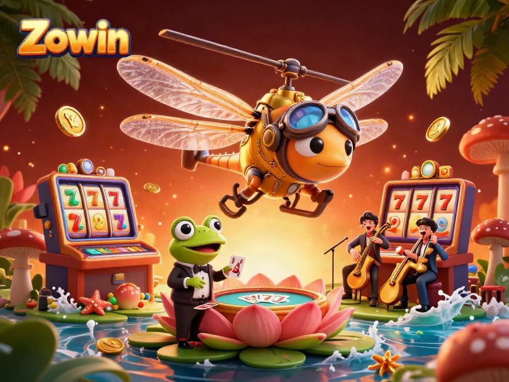 Engage with Zowin’s vibrant gaming scene featuring a cartoon dragonfly pilot and frog dealer.