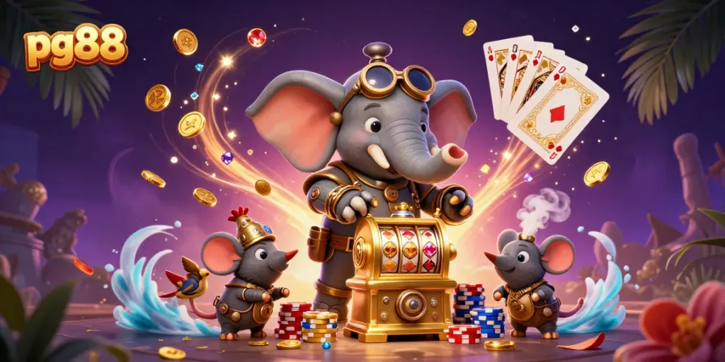 Win big with pg88 in a vibrant casino scene featuring a steampunk elephant and exciting game elements.