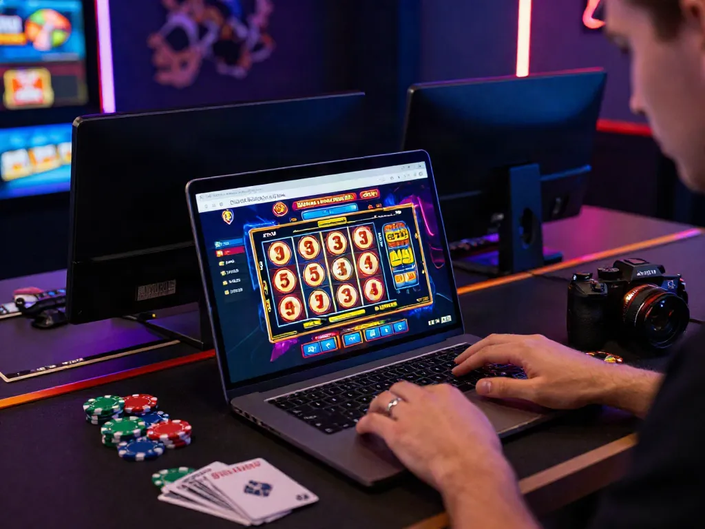 Player enjoying new casinos not on gamstop on laptop, vibrant gaming atmosphere.