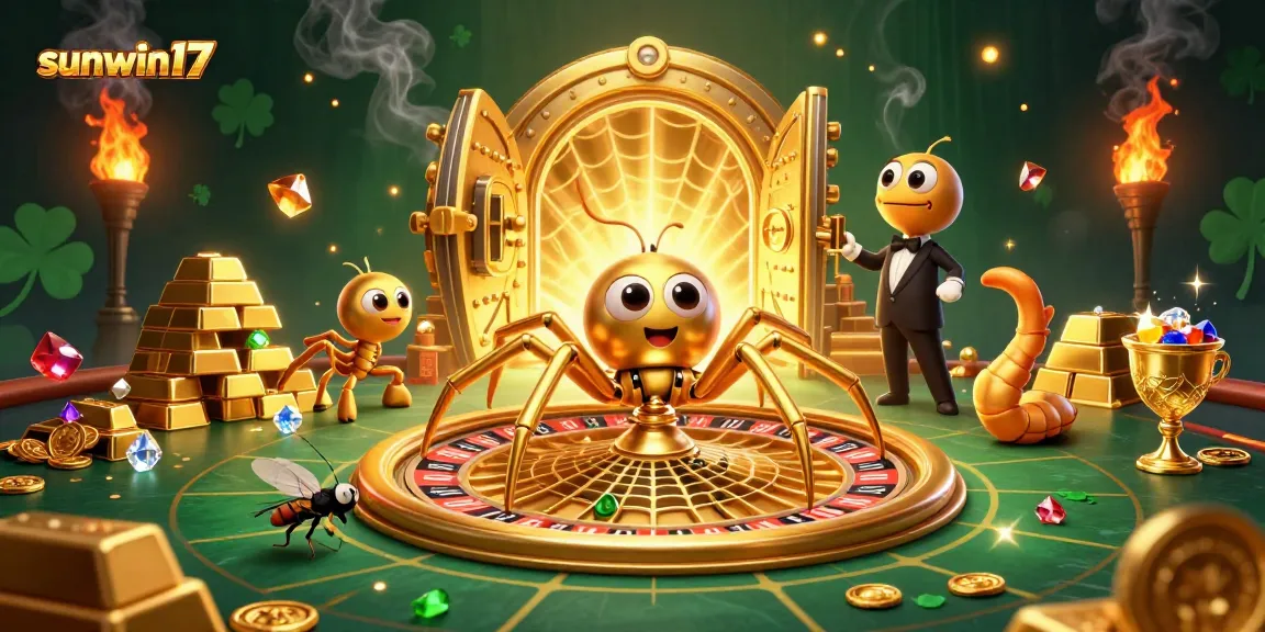 Experience the excitement of sunwin17 with a golden spider spinning a roulette wheel in this dynamic casino scene.