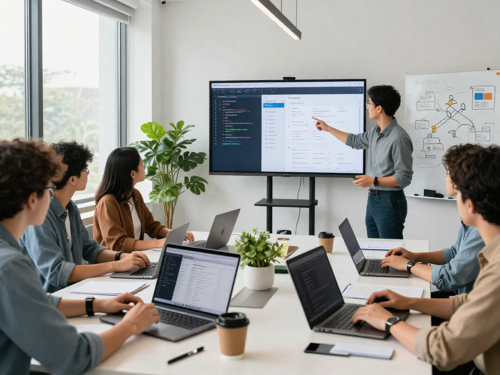 Developers showcasing hotel management software functionalities in a collaborative space.