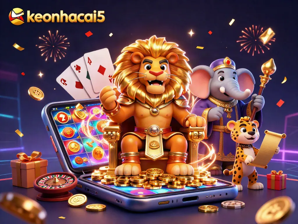 Engage with keonhacai5's vibrant slot gaming scene featuring dynamic animations and rich casino elements.