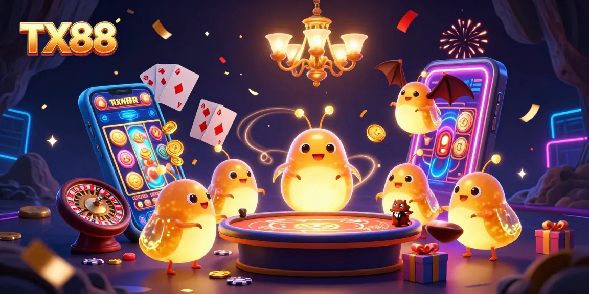 Experience TX88 gaming excitement with colorful slot reels and glowing casino elements.